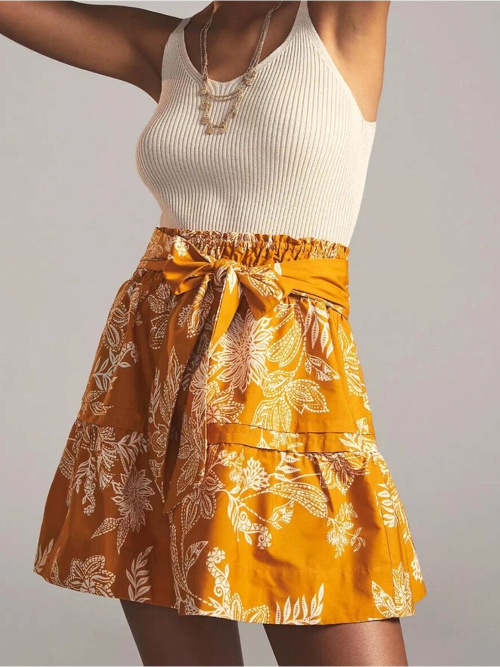 Anthropologie Maeve The Somerset Mini Skirt Tiered Cotton Yellow Floral XXS